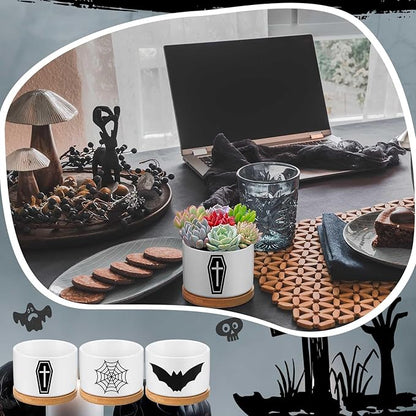 3 Pcs Decor Gift for Women Planter Ceramic Gift Animal Plant Pot with Bamboo Tray for Office Home Farm House Bathroom Kitchen Christmas Decorations (No Plants Included)(Gothic)