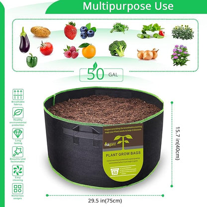 2-Pack 50 Gallon Fabric Flower Pots Garden Felt Grow Bags with Handle (Black)