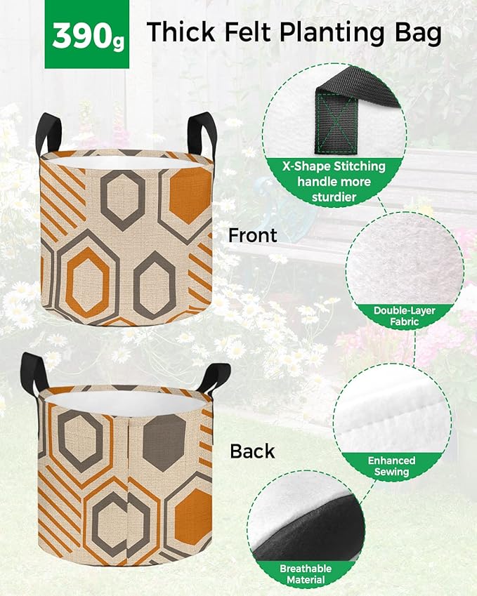 10 Gallon Grow Bags Vintage Geometric Orange and Grey Stripe - Thickened Garden Planting Bag with Handles,Hexagon Art on Retro Burlap Felt Fabric Planter Pots for Vegetables Potato Tomato