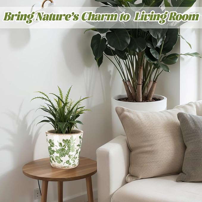 Farmhouse Ceramic Planter 5.1 Inch Large Plants Pot Crack Beige Green Floral Vine Plant Pots with Drainage Hole Indoor Plants Kitchen Rustic Antique Decor Gift