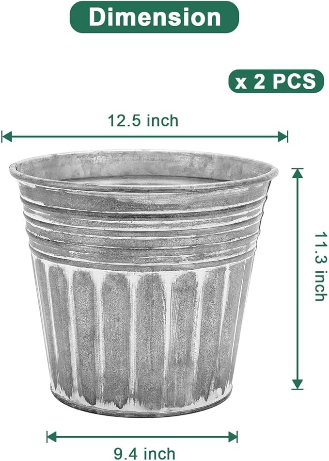 vensovo 12 Inches Silver Metal Rustic Plant Pots - 2 Pcs Large Galvanized Planters with Drain Hole and Rubber Plug, Rustproof Tin Bucket Flowerpot for Indoor Plants Farmhouse Vintage Style for Decor