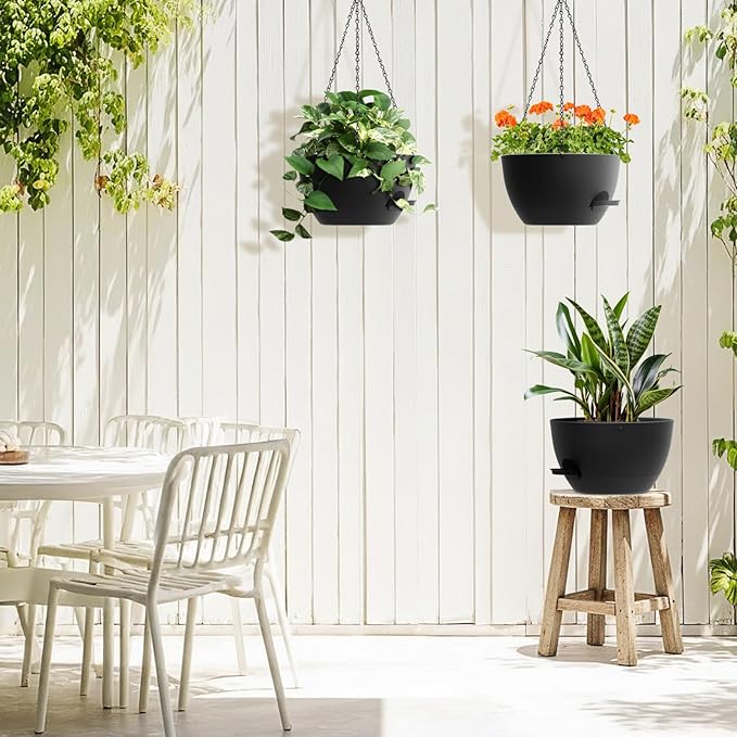 3 Pack 10 Hanging Flower Pots with Chains Self Watering Plastic Planters for Indoor Outdoor Plants, Sturdy Triangular Iron Chain Design for Garden PorchPlastic Hanging Flower pots (3, Black)