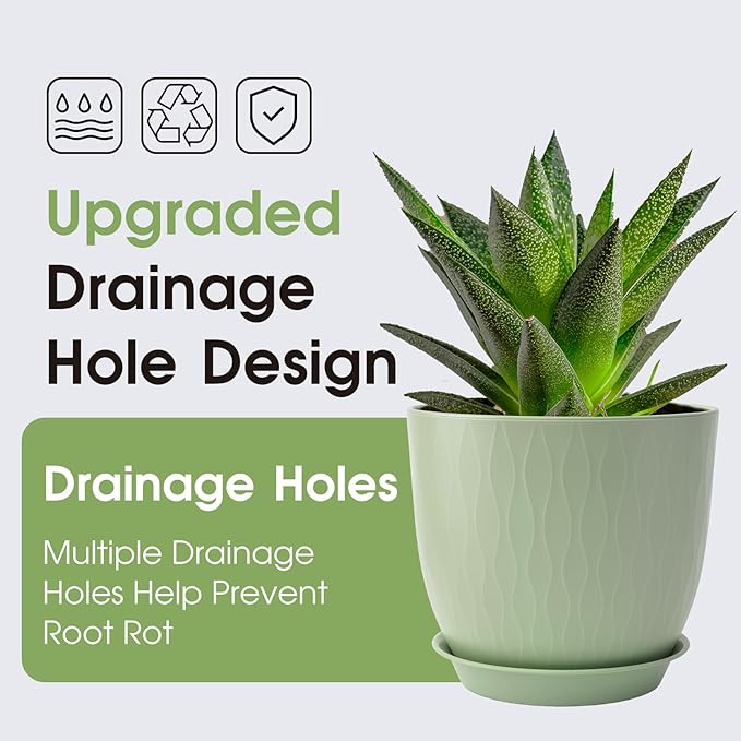 GARDIFE Plant Pots 10/9/8/7.5/7 Inch Plant Pots, Set of 5 Plastic Planters with Drainage Holes and Saucers,Plastic Flower Pots,Nursery Planting Pot for Indoor Out Door Plants (Green)