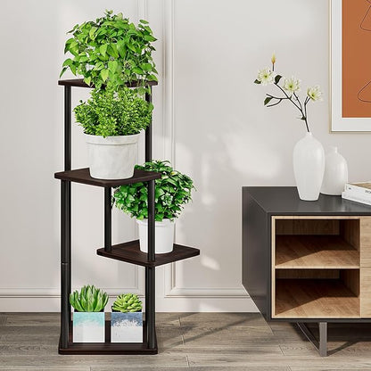 AZERPIAN Plant Stand 4 Tier Indoor Metal Flower Shelf for Multiple Plants Corner Tall Flower Holders for Patio Garden Living Room Balcony Bedroom, Black oak