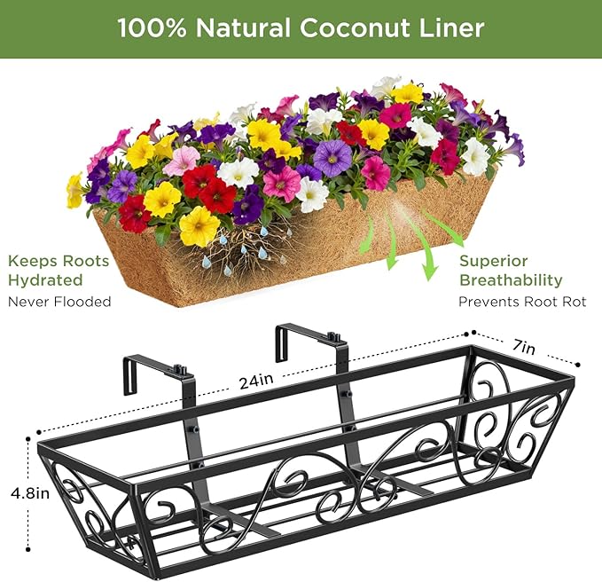 Y&M 24 Inch Window Deck with Coco Liner, Fence Metal Hanging Flower Planter Window Basket Deck Railing Planter Boxes for Outdoor Garden Lawn-Butterfly,4pcs