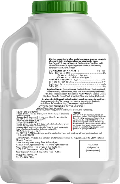 True Organic Tomato and Vegetable Food Granular Fertilizer 4.5lbs Jug - CDFA, OMRI Listed for Organic Gardening NPK 4-5-6