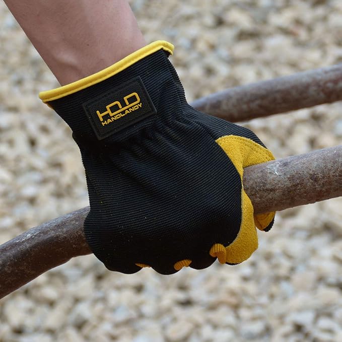 HANDLANDY Men Leather Gardening Gloves, Utility Work Gloves for Mechanics, Construction, Driver