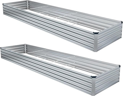 2 Pack 12x4x1FT Galvanized Raised Garden Bed Kit, Outdoor Metal Planter Box for Vegetables, Bottomless Rectangular Gardening Bed with Support Rods, Tool-Free Assembly, Silver