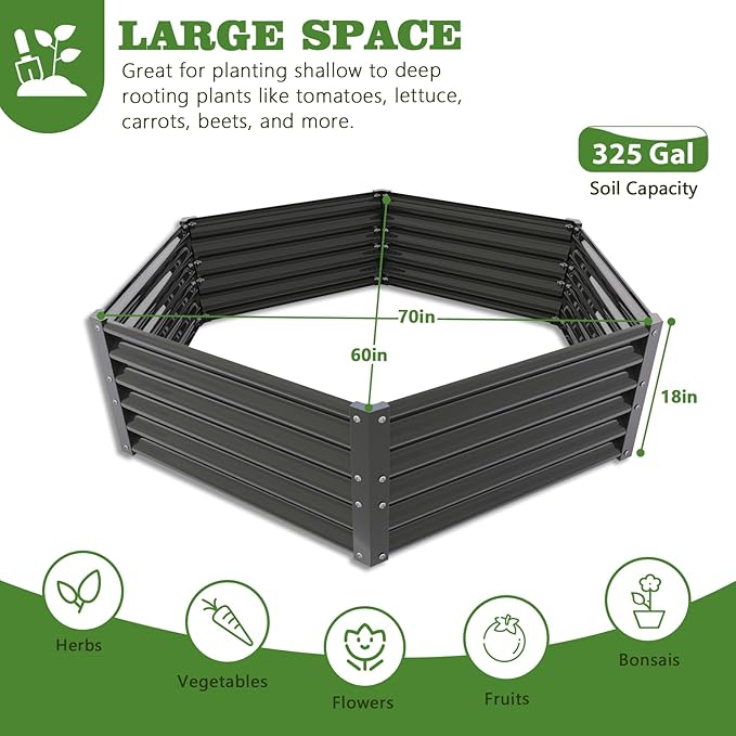 A ANLEOLIFE 6 Set Hexagon Galvanized Raised Garden Beds Outdoor,70x60x18in Metal Planter Box for Planting Vegetables Flowers Herb, Anti-Rust & Easy-Setup, Quartz Grey