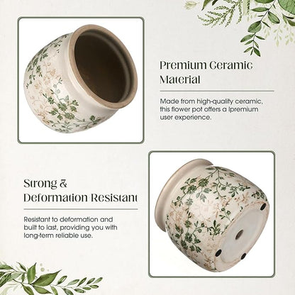 7.7" Large Ceramic Plant Pot Beige Green Jasmine Vine Crackle Glaze Rustic Flowers Pot Decorative Planter with Drainage for Indoor Outdoor Plants Home Kitchen Office Decor Gift