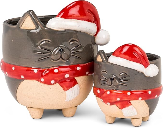 Abbott Collection 27-CRITTER-973-SM Small Cat with Santa Hat Planter, 3.5" H