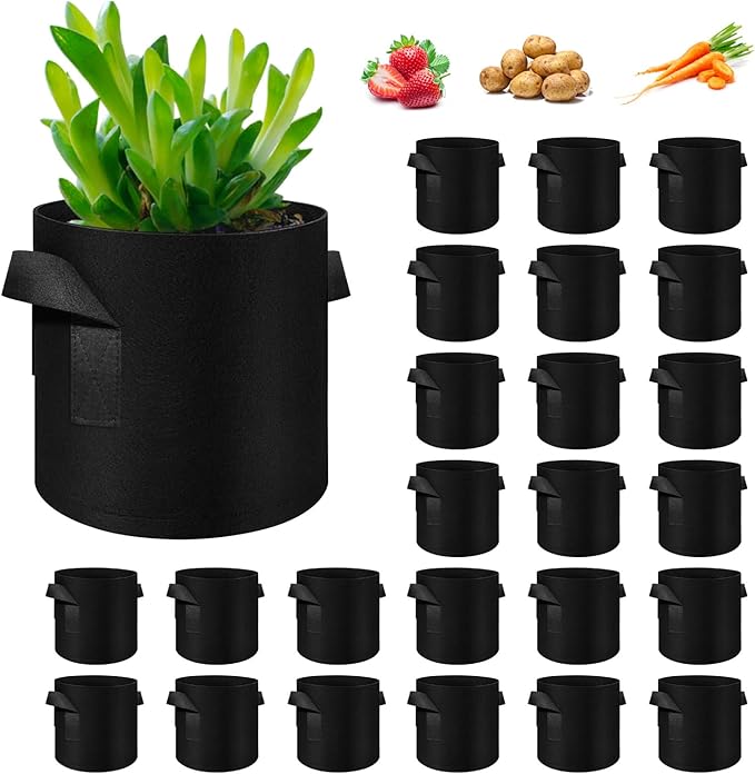 24 Pack 5 Gallon Plant Grow Bags, Thickened Nonwoven Fabric Pots with Handles, Vegetable Planter Bags Containers, Cloth Planters for Garden Vegetable/Flower/Plant/Fruits Outdoor (Black)