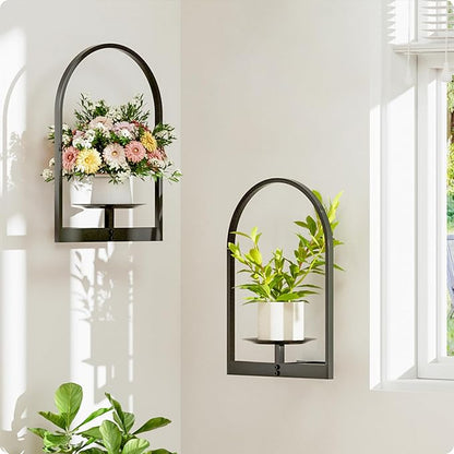 Black Metal Wall Plant Holder - 2-Pack Wall Mounted Plant Stands and Hanging Holders for Indoor Planter and Flower Pot - Arch Decor Shelf for Plant Storage (Pot Not Included)