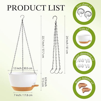 12 Inch Hanging Baskets 2 PC with Chains, Self-Watering Hanging Planters for Indoor Outdoor Plants, Plastic Hanging Flower Pots,White Brown