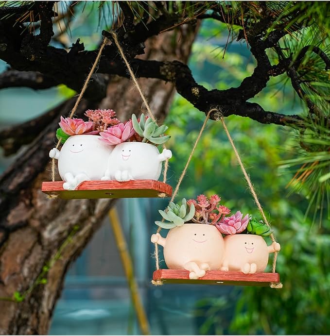 Cute Couple Swing Planter with Smiley Face,Couple Planter,Hanging Swing face Pot,Hanging Plant Pot for Indoor Outdoor Plants, (Khaki)