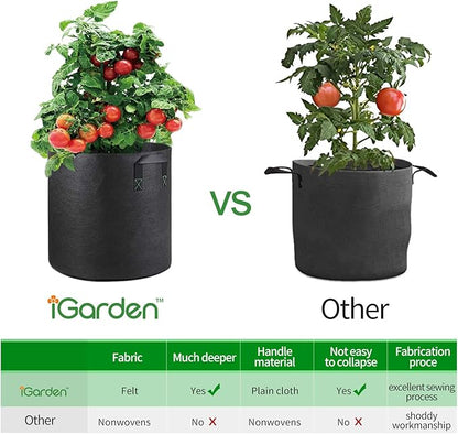 iGarden Grow Bags Tall, 10 Gallon Grow Pots 6 Pack with Handles, Heavy Duty 320G Thickened Nonwoven Fabric Plant Bag for Vegetables, Black