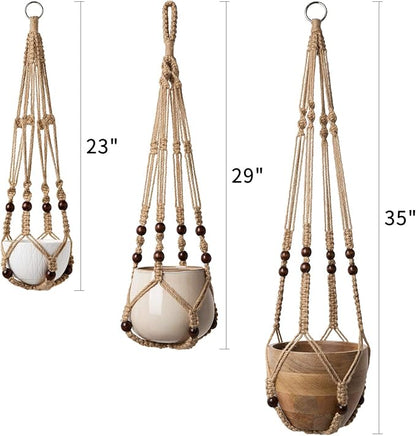 Mkono 4 Pack Macrame Plant Hangers Indoor Different Size Hanging Planter Basket Flower Pot Holder with Beads No Tassels 35"/29"/23", Brown