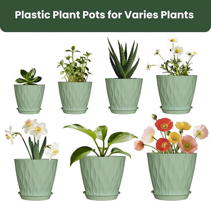 Plastic Plant Pots, 7/6.5/6/5.5/5/4.5/4 inch Flower Pots with Drainage Holes and Trays, 7 Pack Planter for Indoor Outdoor Plants (Green)