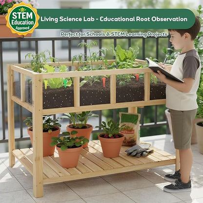 PetsCosset Raised Garden Bed with Legs, Elevated Planter Box Stand with Storage Shelf & Observation Panels for Backyard, Patio, Balcony, No Bending Design (Natural Wood)