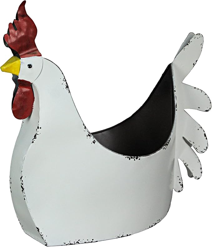 Zeckos Rustic White Finish Metal Rooster Planter - Indoor/Outdoor Decorative Flower Pot for Home and Garden - 15.5 Inches Long - Farmhouse Style Accent Piece
