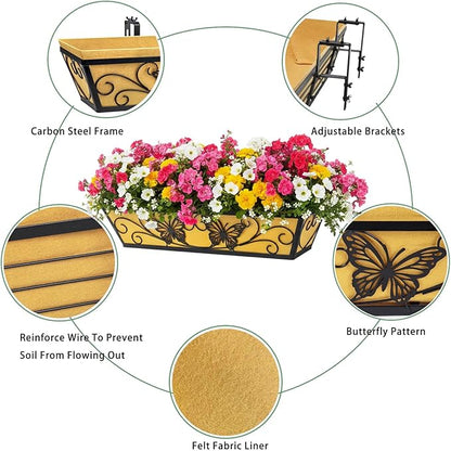 4 Pack 24 Inch Window Boxes Planter Railing Planters Box with Adjustable Brackets for Porch Deck Balcony Hanging Butterfly Decorative Flower Baskets & Non-Woven Fabric Liner for Outdoor Plants - Black