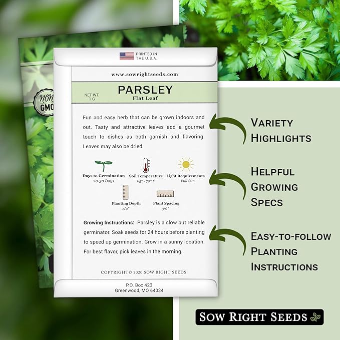 Sow Right Seeds - Flat Leaf Parsley Seed for Planting - Non-GMO Heirloom Packet with Instructions to Plant and Grow a Kitchen Herb Garden - Indoor or Outdoor - Great for Hydroponics Growing (1)
