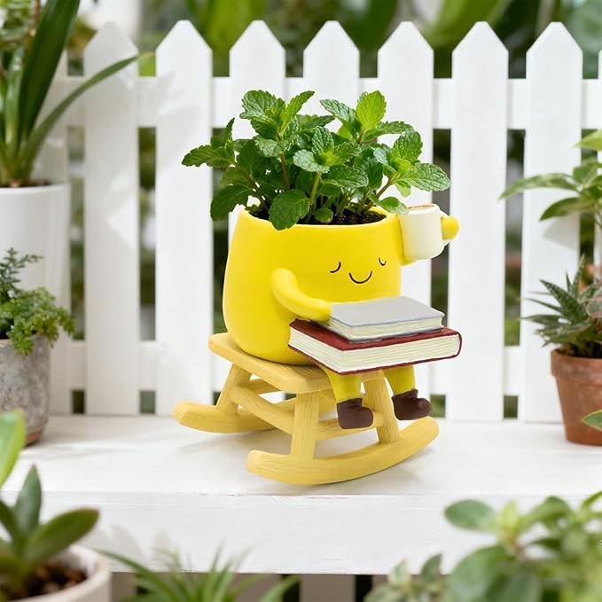 Smily Face Rocking Chair Planter -Cute Resin Book Coffee Succulents Plant Pots with Drainage Hole for Indoor Outdoor Garden, Gift IdeaI for Mother Appreciation Christmas (Yellow)