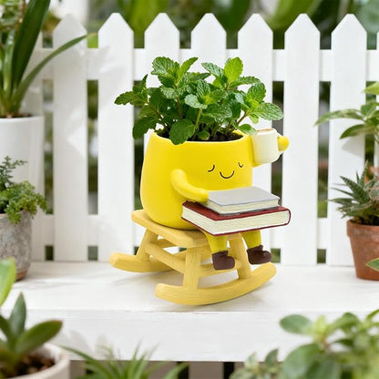 Smily Face Rocking Chair Planter -Cute Resin Book Coffee Succulents Plant Pots with Drainage Hole for Indoor Outdoor Garden, Gift IdeaI for Mother Appreciation Christmas (Yellow)