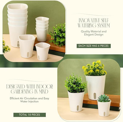 18 Pcs Self Watering Pots - 3 Sizes Plastic Flower Plant Pot With Inner White Pot for Indoor House Plants, Herbs and Flowers