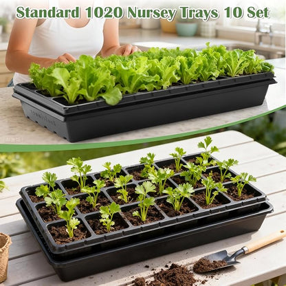 10 Pack 3 Inch Square Pots 2.9" Deep 18 Big Cell Seedling Trays with 10 Pack Water Collection Nursery 1020 Trays No Holes for Seeds Starting and Transplanting (20"x10",10 Sets)