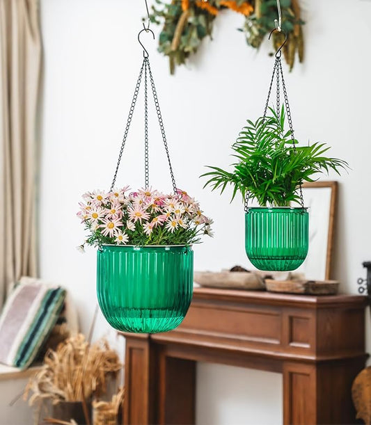 Josteve 5.2/8.2 Inch 2 Pcs Self Watering Hanging Planter Indoor Plant Pots Drainage Holes, Outdoor Small Hanging Planters Flower Pot Basket, Visible Water Level, Plant Hanger Home Decor, Gardening