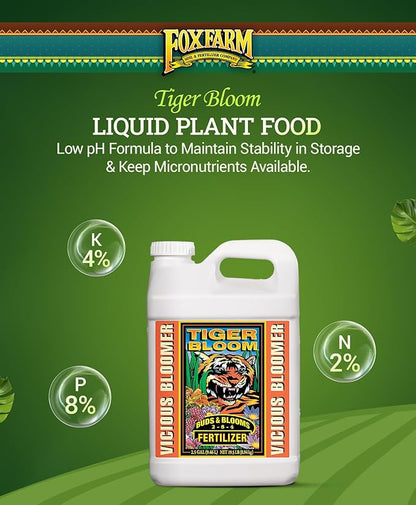 FoxFarm Tiger Bloom Liquid Plant Food - Phosphorus Fertilizer for Buds, Blooms & Flowering - Supports Soil & Hydroponic Systems - High Micronutrient Formula with 2-8-4 Nutrient Ratio - 2.5 Gallons