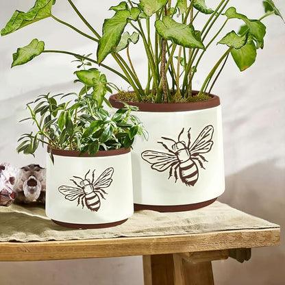 YBX Terracotta Pots Inch with Drainage Holes, Bee Decor, Ceramic Pots for Indoor Plants Flower Pots Outdoor, Succulent, Herbs, Snake Plants (White, 6+4 Inch)