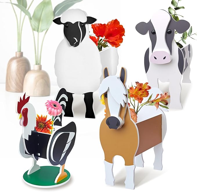 Pet Flower Pots 4 Pcs Farm Animals Series Rooster/Horse/Cow/Sheep Cute Animal Shape Flower Planters, Plant Pots for Indoor/Outdoor Garden Decor, Unique Gifts/Souvenirs for Pet Lovers