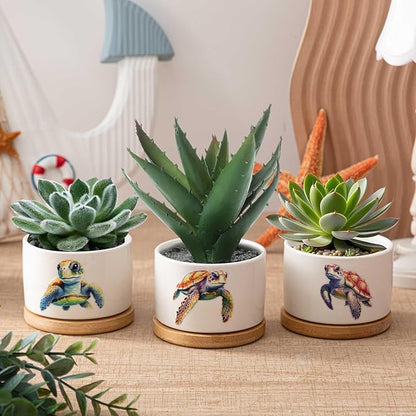 3 Pcs Decor Gift for Women Planter Ceramic Gift Animal Plant Pot with Bamboo Tray for Office Home Farm House Bathroom Kitchen Christmas Decorations (No Plants Included)(Sea Turtle)