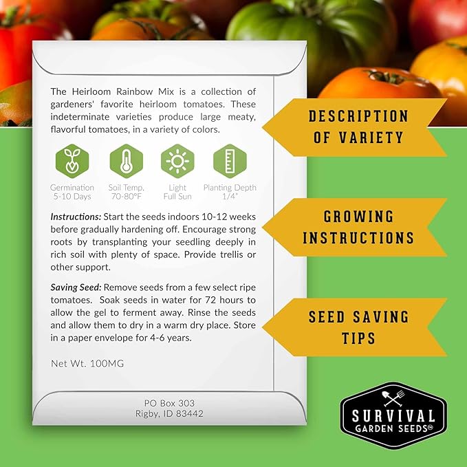 Heirloom Rainbow Mix Tomato Seeds for Planting - Colorful Heirloom Tomato Seed Variety Pack, High Yield Garden Tomatoes, Non-GMO Open Pollinated - Survival Garden Seeds (1 Pack)