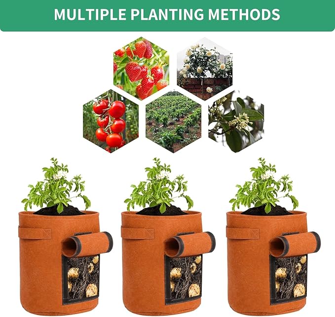 5-Pack 7 Gallon Grow Bags with Harvest Window 300g Thickened Nonwoven Fabric Heavy Duty Plant Pots for Vegetables, Potato, Tomatoes Carrots Gardening Containers with Handles Orange