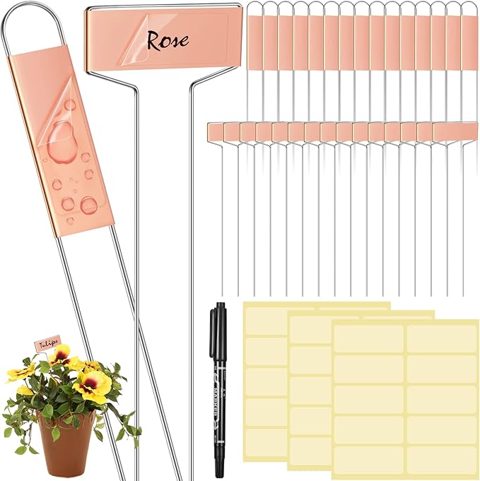 Moxweyeni 61 Pieces Metal Plant Tags Kit 30 Pieces Copper Metal Plant Labels 30 Rainproof Pet Films 1 Marker Pen Reusable Planting Garden Markers Nursery Tags(T U Shape)