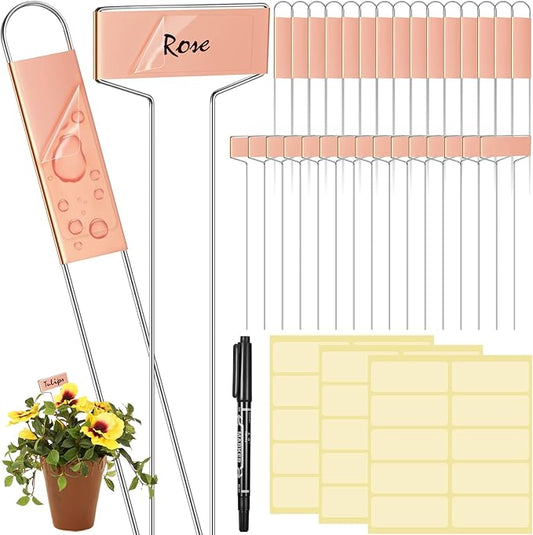 Moxweyeni 61 Pieces Metal Plant Tags Kit 30 Pieces Copper Metal Plant Labels 30 Rainproof Pet Films 1 Marker Pen Reusable Planting Garden Markers Nursery Tags(T U Shape)
