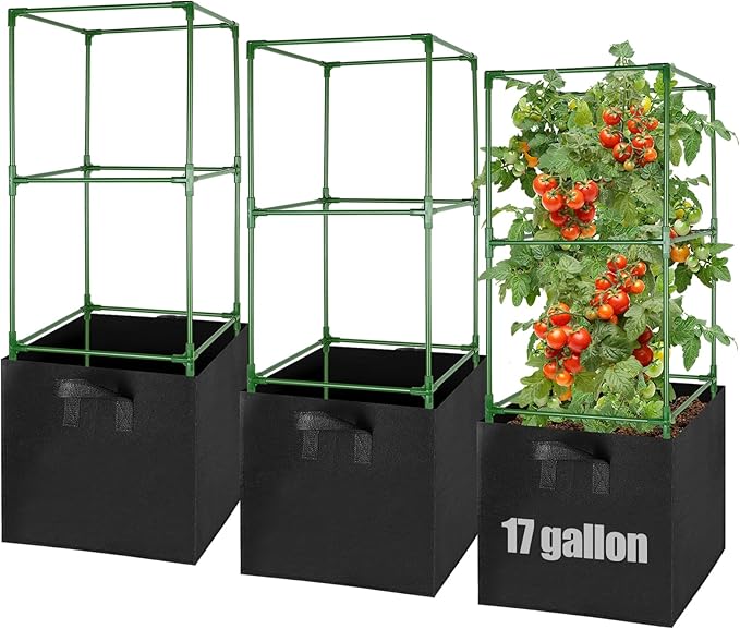 ANPHSIN 3 Sets Tomato Cages with 17 Gallon Grow Bags, 46'' Heavy-Duty Plant Support Trellis Tomato Planter Pots Kit, Garden Vegetables Cucumber Flowers Vertical Climbing Plants Vines