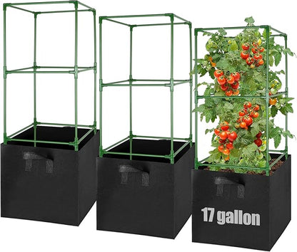 ANPHSIN 3 Sets Tomato Cages with 17 Gallon Grow Bags, 46'' Heavy-Duty Plant Support Trellis Tomato Planter Pots Kit, Garden Vegetables Cucumber Flowers Vertical Climbing Plants Vines