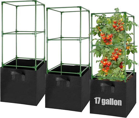 ANPHSIN 3 Sets Tomato Cages with 17 Gallon Grow Bags, 46'' Heavy-Duty Plant Support Trellis Tomato Planter Pots Kit, Garden Vegetables Cucumber Flowers Vertical Climbing Plants Vines