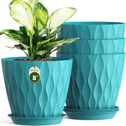 Plastic Plant 8 Inch, 4 Pack with Drainage Holes & Saucers, Water Wave Decorative Plant Pots for Indoor Outdoor Plants, Patio, Garden, Home Decor (4, Blue)