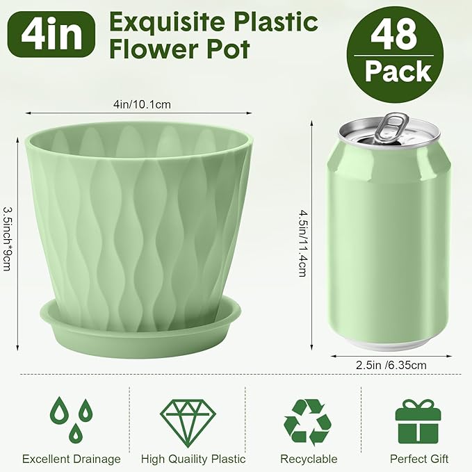 48 Pack 4 Inch Plant Pots Bulk Small Pots for Succulents Waffle Texture Plastic Planter with Drainage Holes and Saucers for Indoor Outdoor Plants Flowers, Seedlings (Multiple Colors)