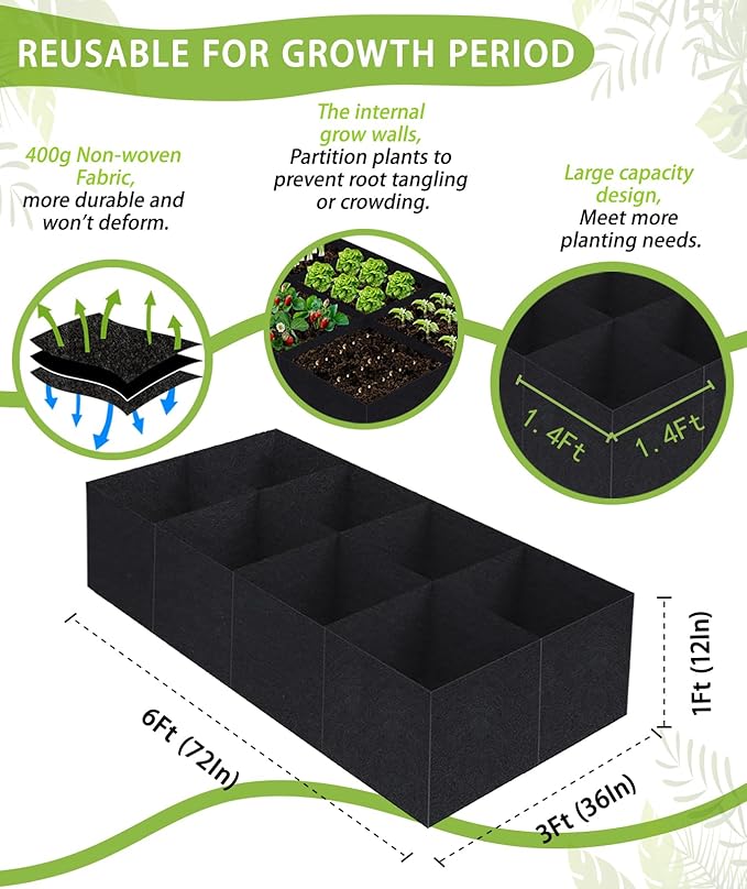 Fabric Grow Bags, Raised Garden Bed for Vegetable Herbs Flowers, 128 Gallon Fabric Plant Pots Indoor Outdoor, 6x3x1ft