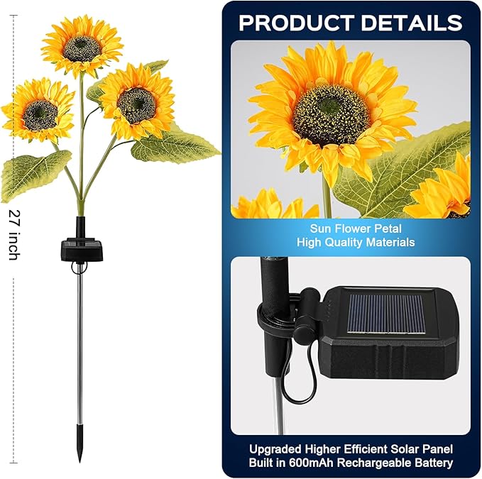 6 Pack Solar Garden Lights Outdoor, 2 Lighting Modes Warm White LED Waterproof Solar Powered Sun Flowers Landscape Light for Outside Yard, Patio, Pathway Decorative, Décor, Gifts