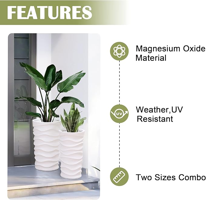 LuxenHome Tall Planters for Outdoor Plants, Set of 2 Indoor Outdoor Garden Plant Pots with Drainage Hole and Rubber Plug, Modern White Waves Flower Pot Concrete Planters for Home Garden Patio Porch