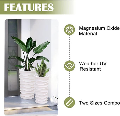 LuxenHome Tall Planters for Outdoor Plants, Set of 2 Indoor Outdoor Garden Plant Pots with Drainage Hole and Rubber Plug, Modern White Waves Flower Pot Concrete Planters for Home Garden Patio Porch