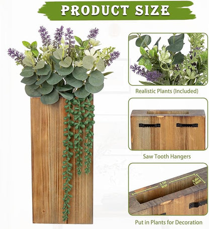 Wood Wall Planters 2 Pack with Artificial Greenery Plants - Pocket Wall Vases for Dried Flowers - Wood Wall Decor Hanging Planters for Living Room, Bedroom, Home Decor - Brown