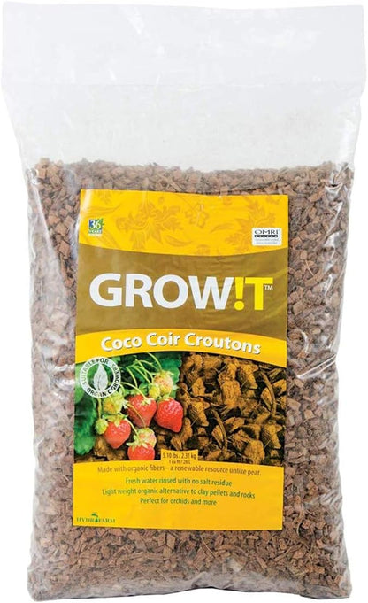 GROW!T AD113000 - CoCo Coir Croutons, (28 Liter Bag) - Organic Alternative to Clay Pellets or Rocks, Fresh Water Rinsed and Ready to be used, Porous structure for Easy Root Penetration